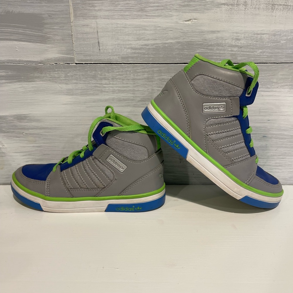 Little kid Adidas high tops. Size 12. Gray, blue, neon green